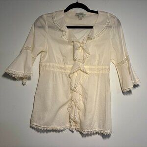 LOFT Ruffled Lace Button-Down Shirt - Size 2 - Ivory White